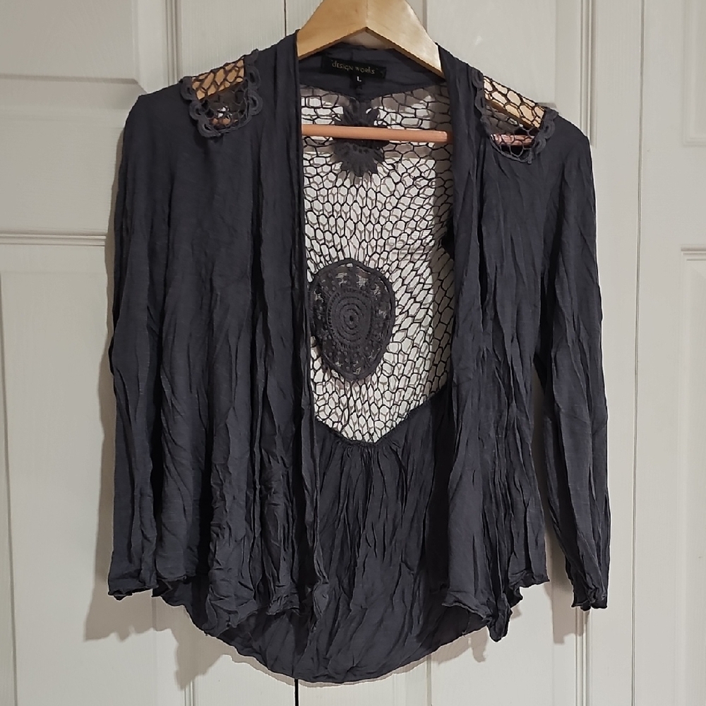 🖤 Design Works Boho Crochet Open Cardigan – Size Large